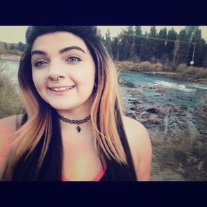 Long thick Carmel and dark brown wig.